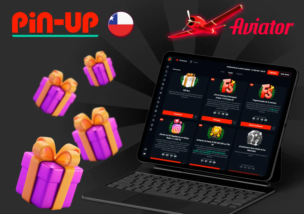 Ofertas promocionales de Pin-Up Chile con regalos animados y el juego Aviator